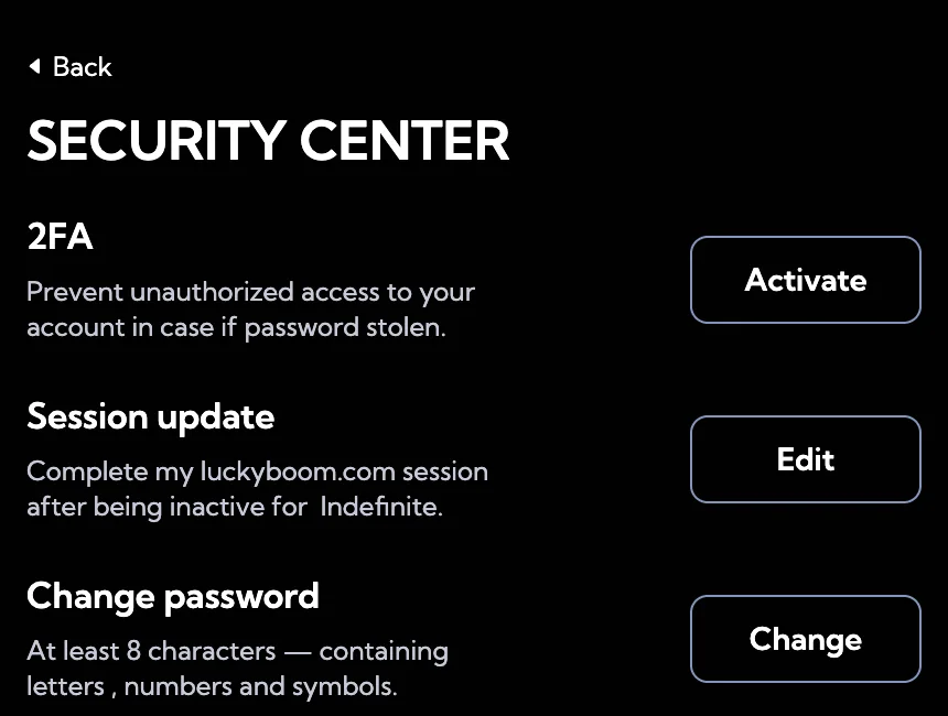 Screenshot: Security center met 2FA en wachtwoord