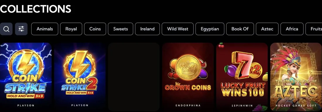 Screenshot: categorieën in de lobby van LuckyBoom