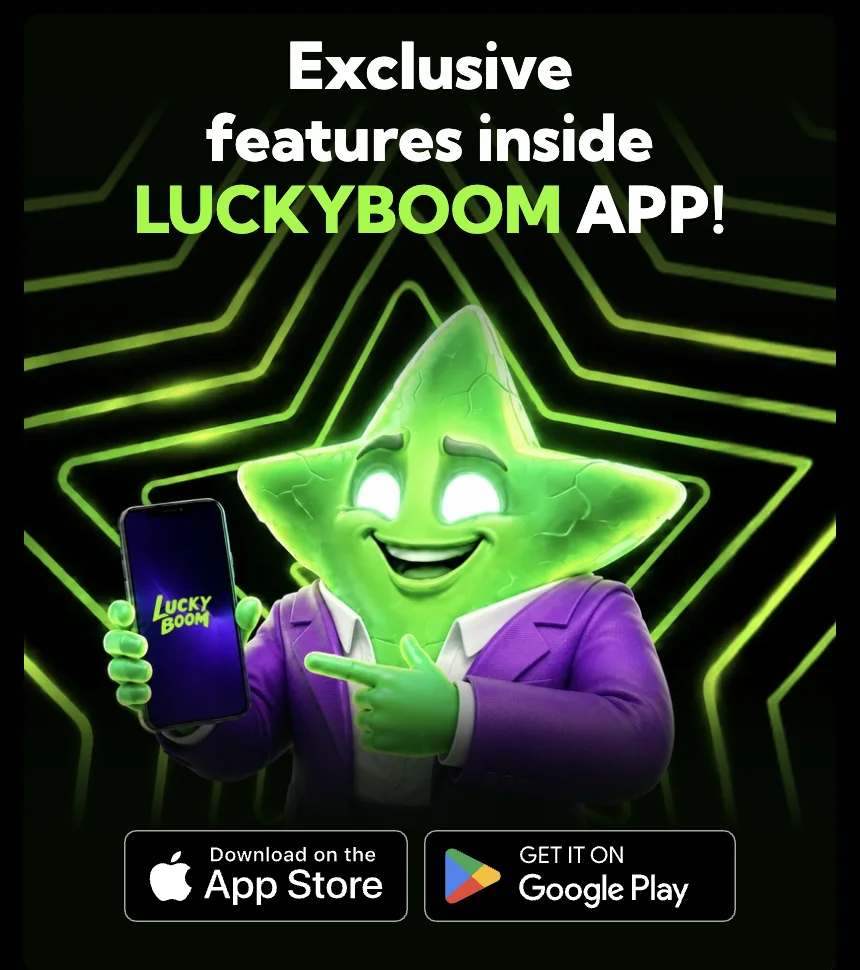 Screenshot: de LuckyBoom app met App Store en Google Play